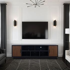 Aria 85 inch TV Stand for TVs up to 95 inches, No Assembly Required, Black and Walnut Finish