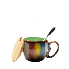 Creative ceramic cup milk cup water cup coffee cup breakfast cup couple cup to cup mug with lid spoon (Color: GREEN)