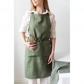 Linen Apron Adjustable Bib Apron With Pockets Linen Half Apron (Color: GREEN)