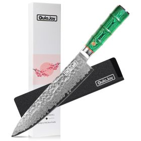 Qulajoy Japanese Chef Knife 8 Inch,67 Layers Damascus VG-10 Steel Core,Professional Hammered Kitchen Knife,Handcrafted With Ergonomic Bamboo Shap (Color: GREEN)