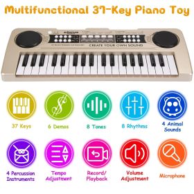 37 Keys Digital Music Electronic Keyboard Electric Piano Musical Instrument Kids Learning Keyboard with Microphone for 3-10 Year Old Kids Girls B (Color: Pro Champagne)